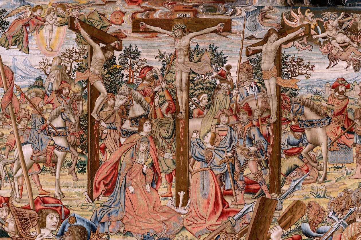 Flämischer Wandteppich. Serie Die Passion Christi. Der Weg nach Golgatha und Begegnung mit Veronika. Erster Wandteppich der von Nationales Erbe aufbewahrten. Modell von Zeichnern aus dem Kreis von Jan van Roome und Bernard van Orley. von Pieter Coecke van Aelst