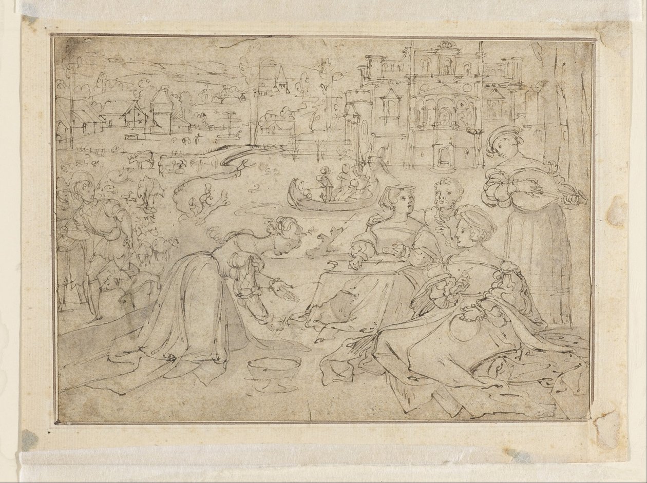 Recto- Der Monat April (Figuren in einem Park nahe einem Schloss); Verso- Jugend aus Die drei Lebensalter des Menschen von Pieter Coecke van Aelst