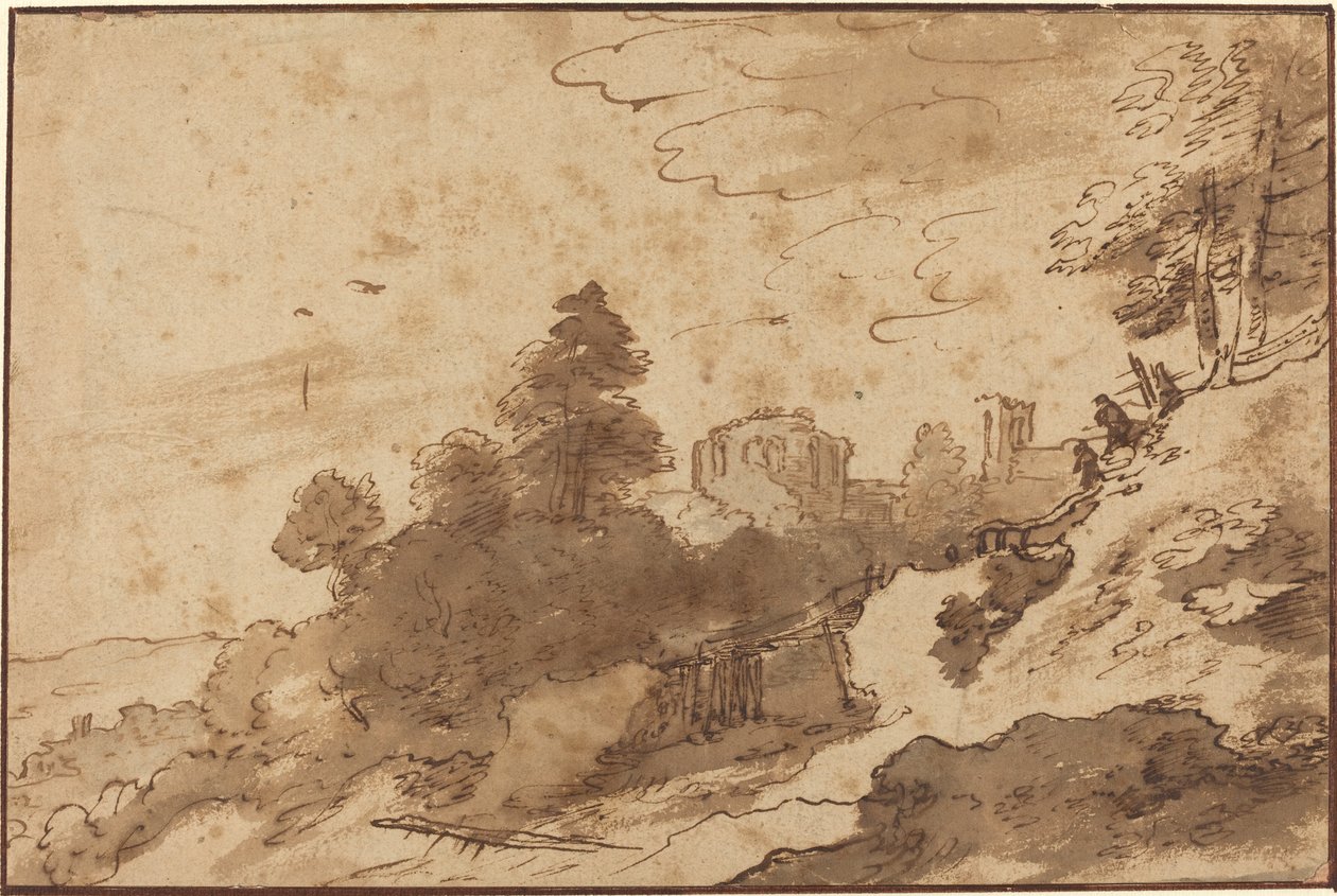 Landschaft mit Brücke und Ruinen im Hintergrund von Pieter Dircksz Santvoort