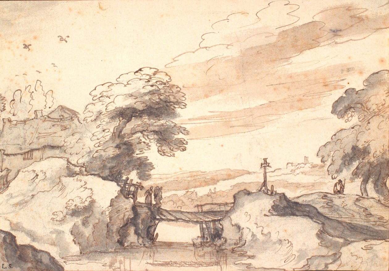 Landschaft mit einer alten Brücke über einen Bach von Pieter Dircksz van Santvoort