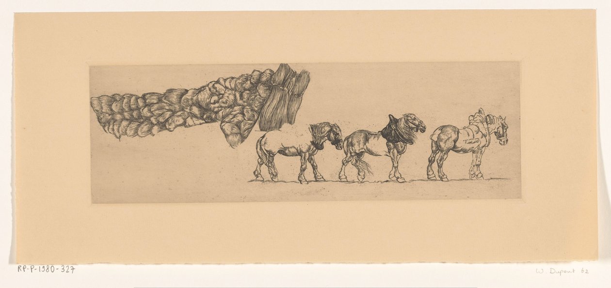 Drei Zugpferde und die Ladung eines Heuwagens von Pieter Dupont