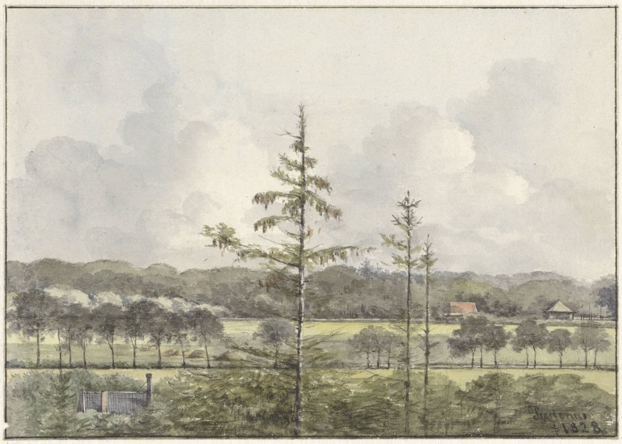 Blick auf Wiesen mit Bauernhöfen von Pieter Ernst Hendrik Praetorius
