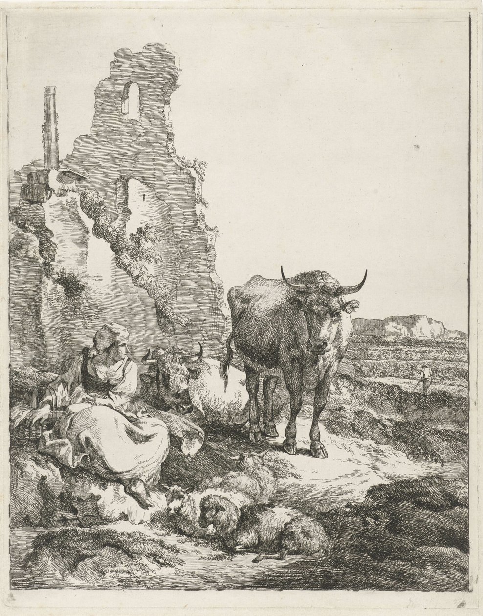 Landschaft mit stehender und liegender Kuh und Schäferin vor einer Ruine von Pieter Gerardus van Os