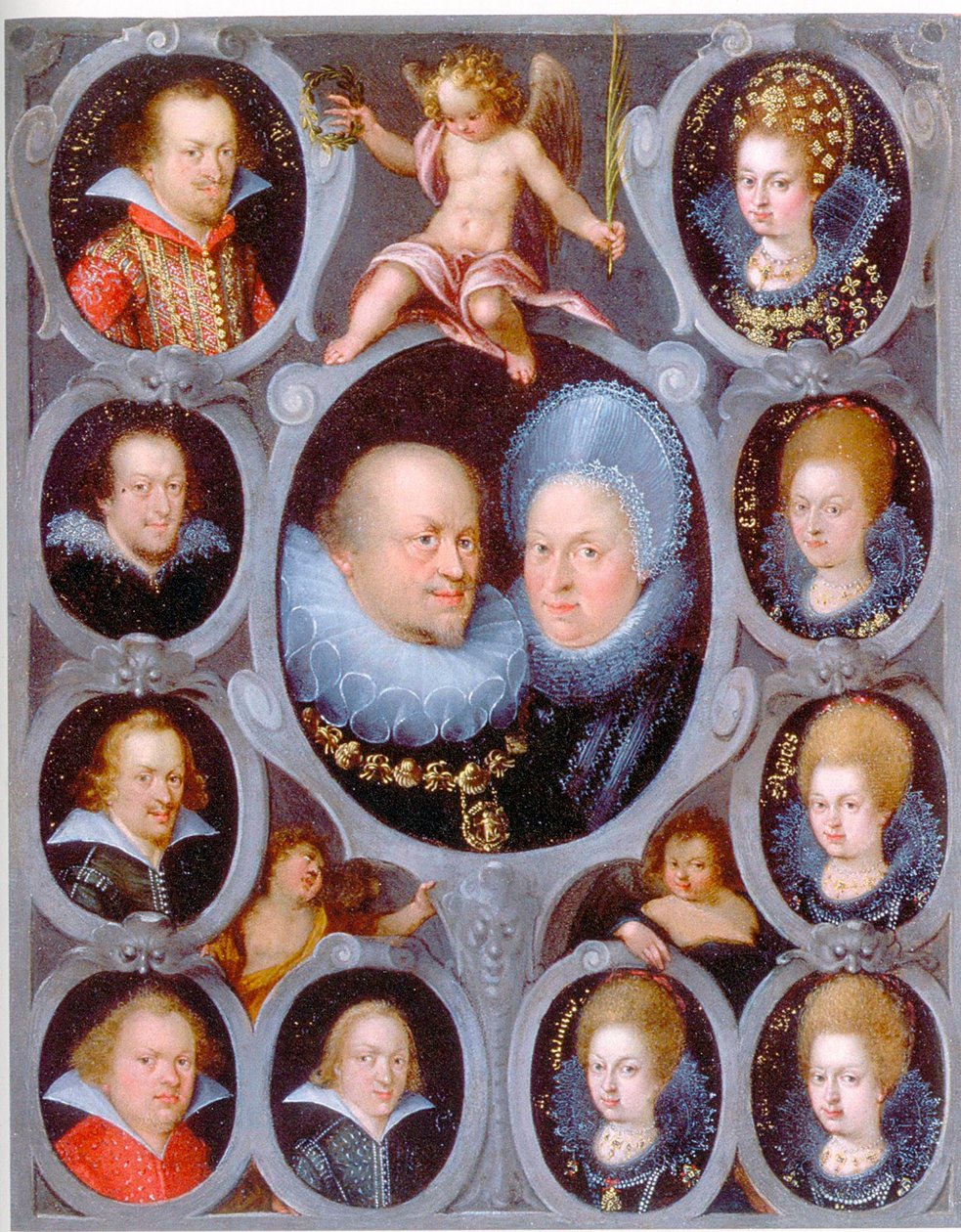 Herzog Friedrich I. (1557-1608) (r. 1593-1608) und Herzogin von Württemberg Sibylla mit zehn ihrer Kinder von Pieter Isaacsz