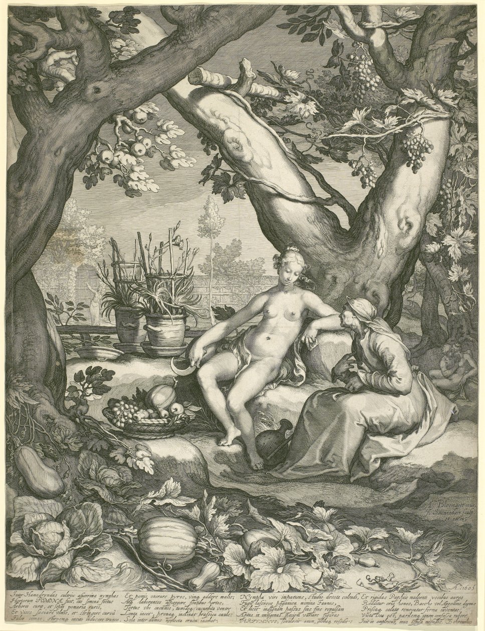Vertumnus leiht sich die Gestalt einer alten Frau, um Pomonas Liebe zu gewinnen, 1605 (Kupferstich auf Büttenpapier) von Pieter Janszoon Saenredam