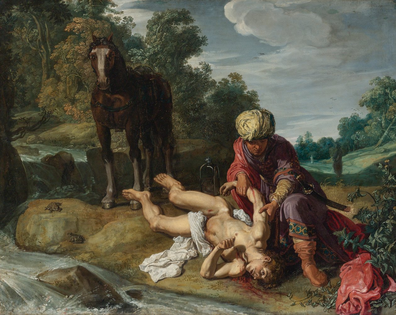 Der barmherzige Samariter, der die Wunden des Reisenden versorgt (Lukas 10:25-37) von Pieter Lastman