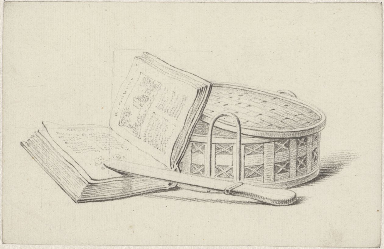 Stillleben mit Buch, Brieföffner und Körbchen von Pieter de Goeje