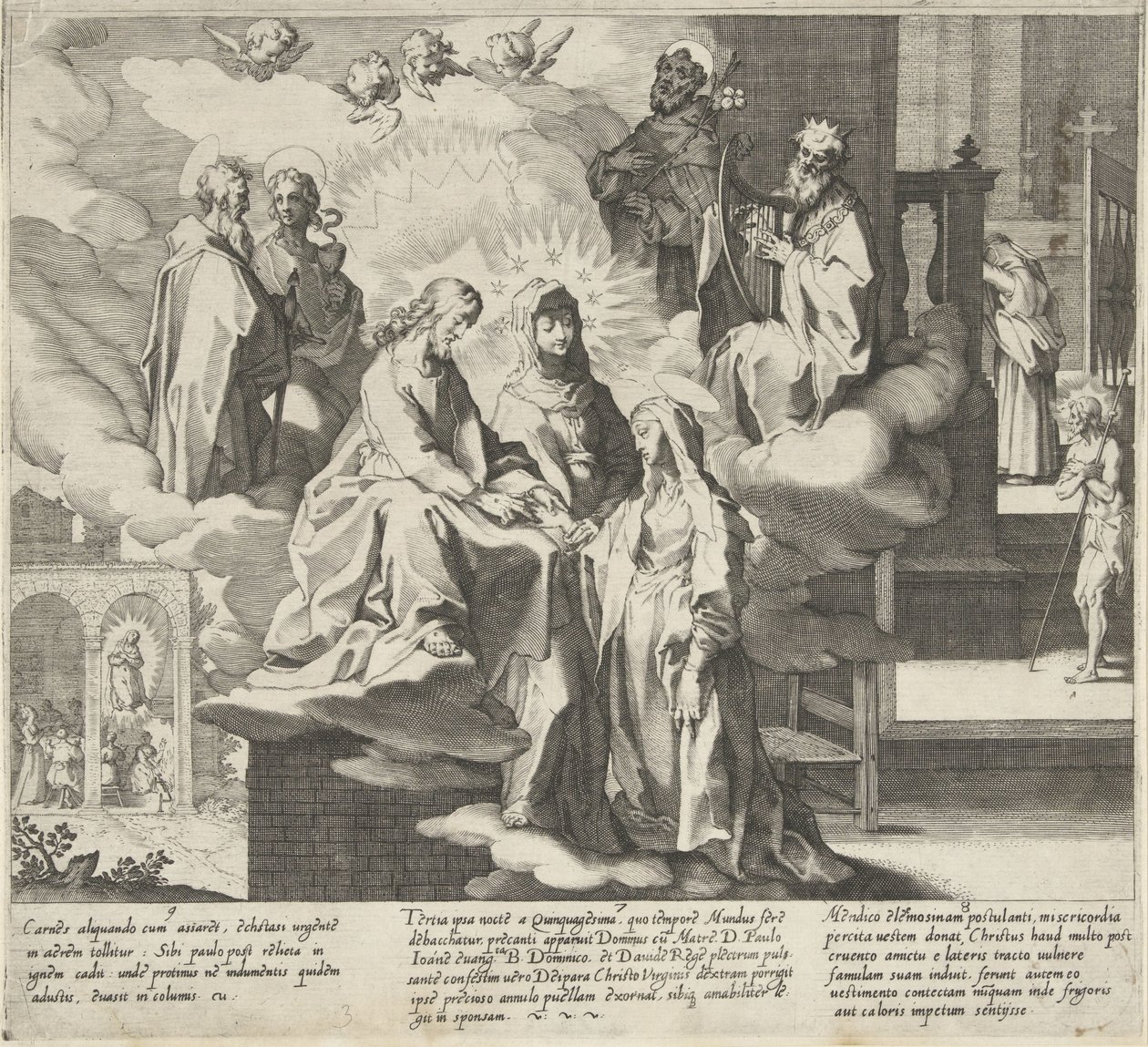 Katharina erscheint / Hochzeit von Katharina / Katharina teilt ihren Mantel Szenen aus dem Leben und den Wundern der Heiligen Katharina von Siena (Serientitel) von Pieter de Jode (I)