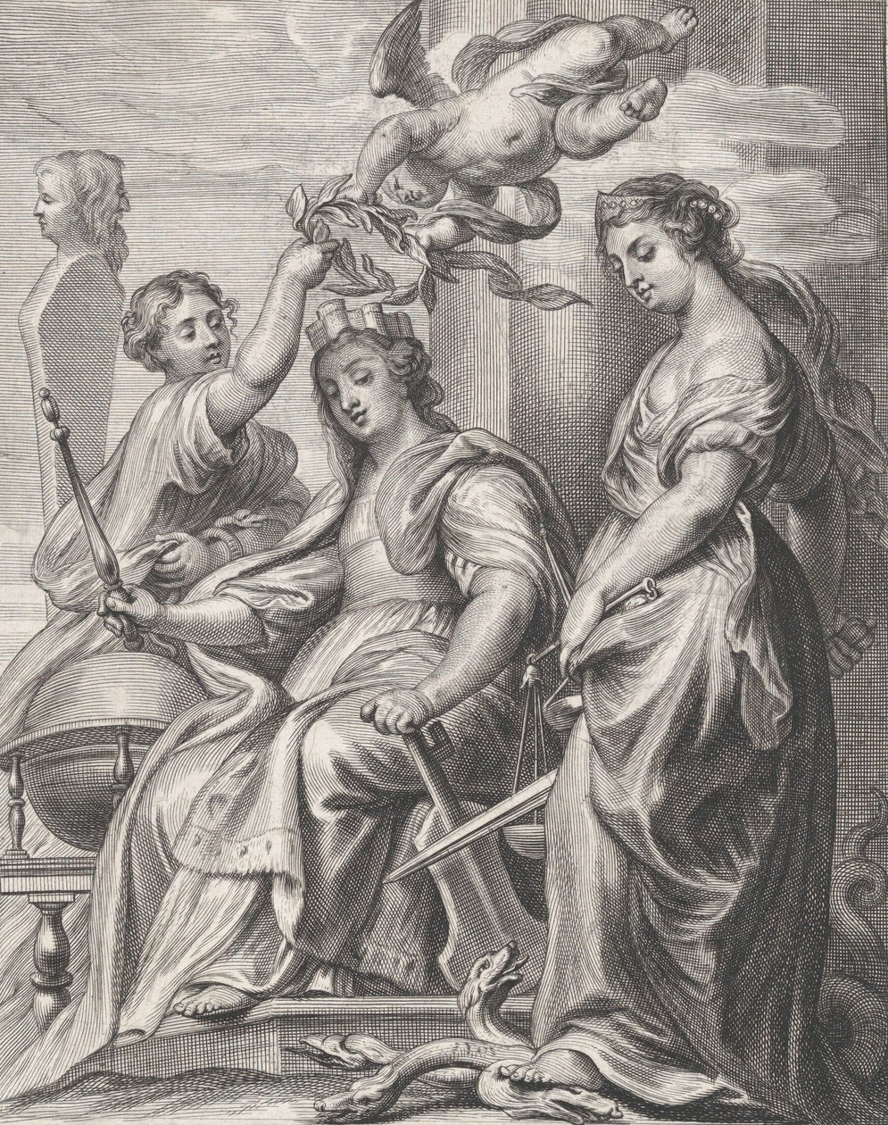 Allegorie der guten Regierung, in der Mitte sitzend und von einem Putto und einer Frau gekrönt, ca. 1640-74 von Pieter de Jode II