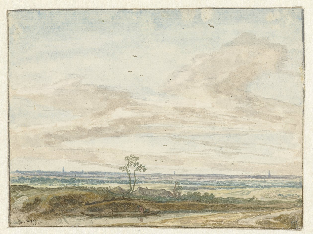 Weite Landschaft mit einem Weg entlang eines Kanals von Pieter de Molijn