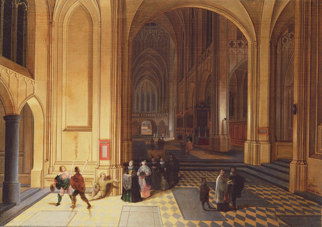 Innenraum einer Kathedrale mit einem Bettler und anderen Figuren von Pieter the Elder Neeffs
