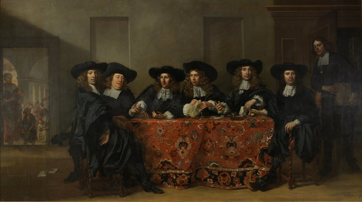Sechs Regenten und der Hausmeister des Oude Zijds Instituts für die Außenhilfe der Armen, Amsterdam, 1675 von Pieter van Anraedt