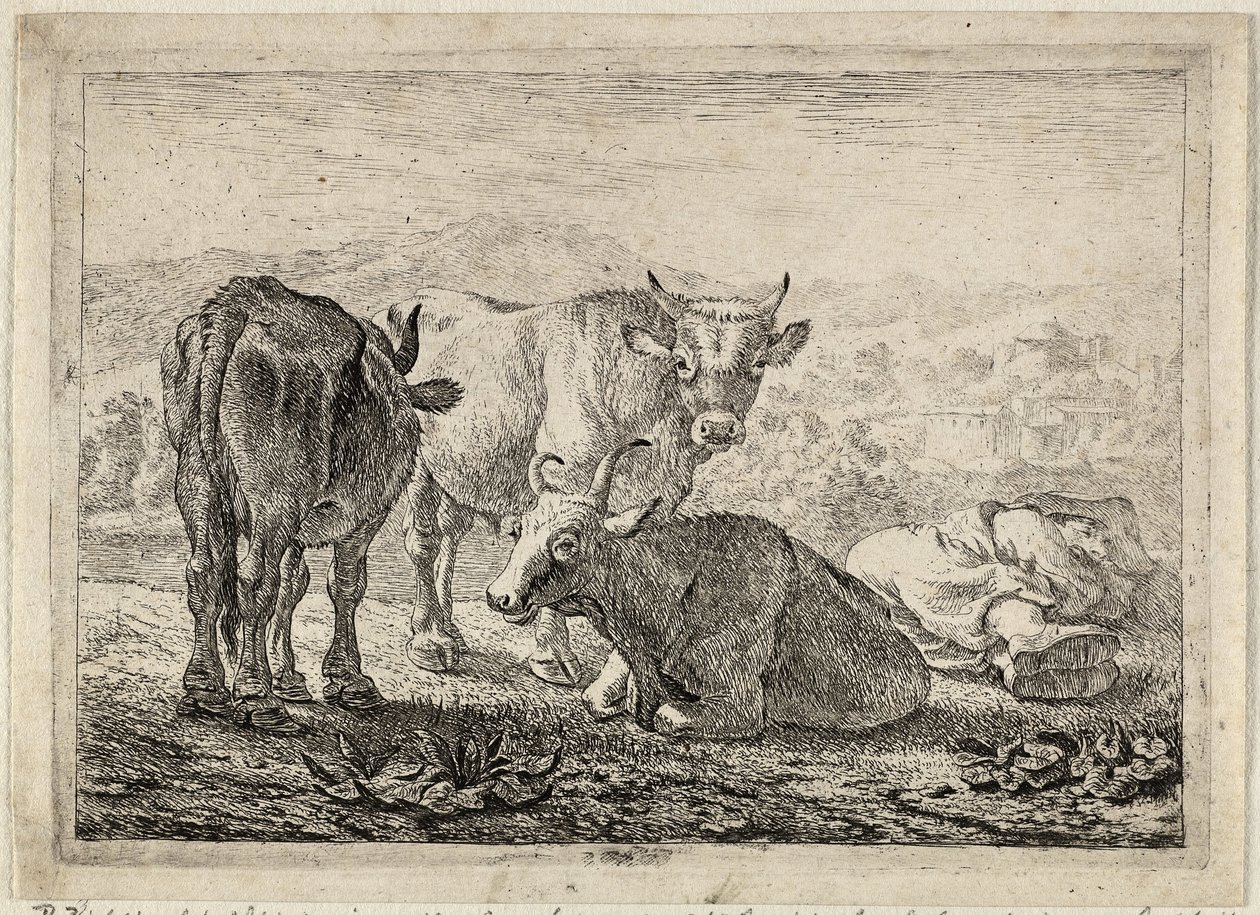 Drei Rinder und ein schlafender Hirte von Pieter van Laer