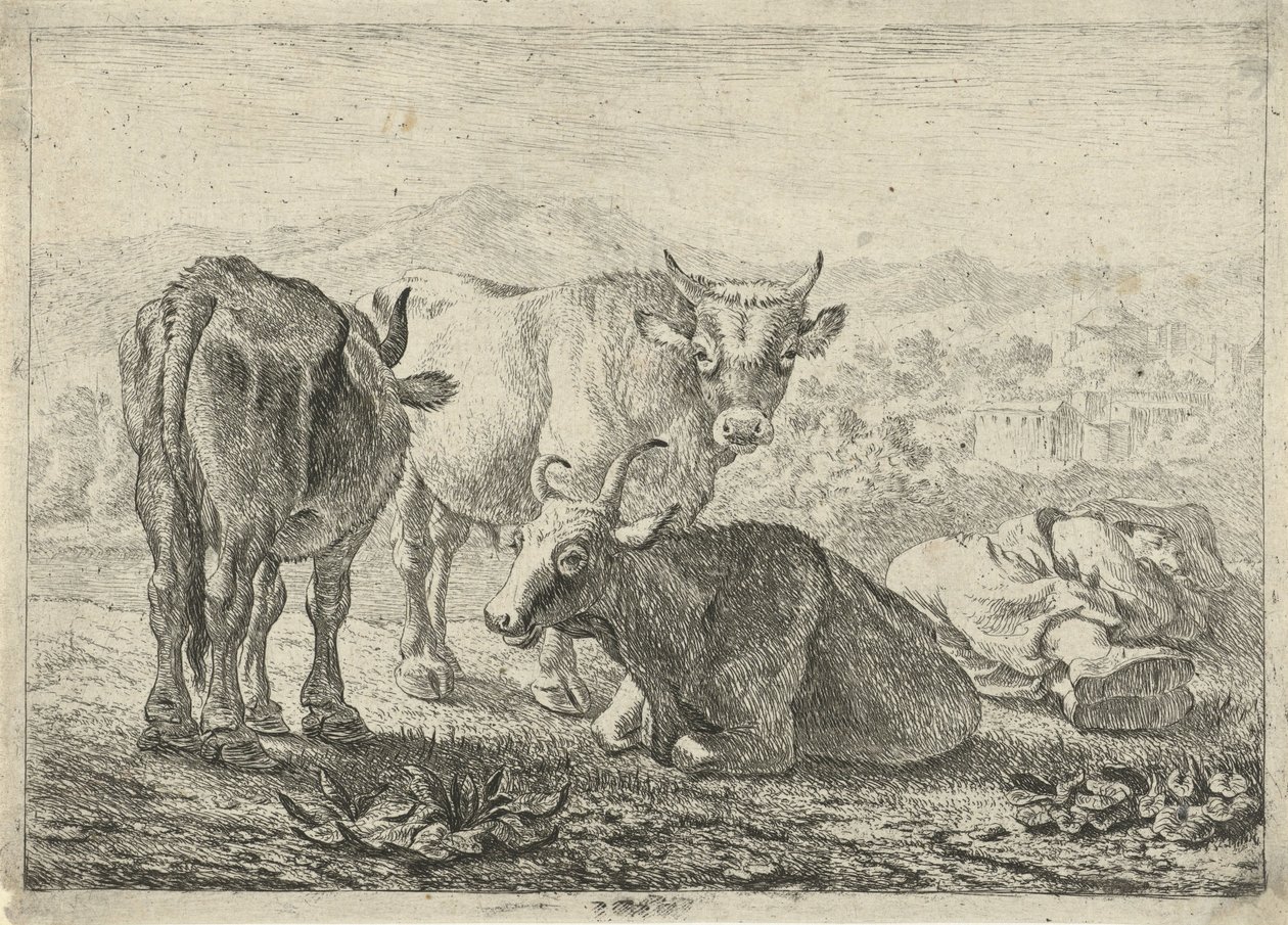 Drei Rinder und ein schlafender Hirte von Pieter van Laer