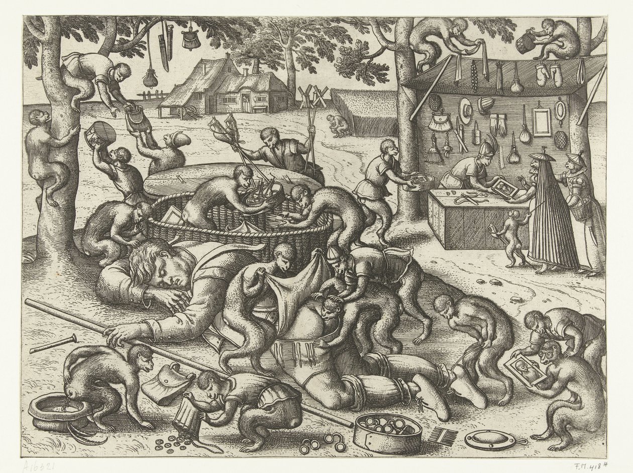 Schlafender Hausierer von Affen beraubt (Serie: Affenspiel) von Pieter van der Borcht (I)