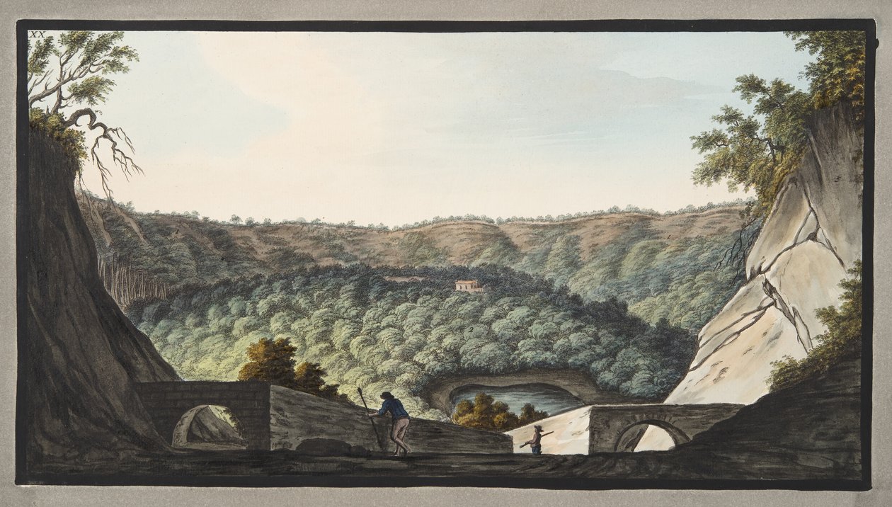 Blick in den Krater von Astruni vom Ort aus gesehen, der in Platte XIX dargestellt ist; Platte XX, aus 