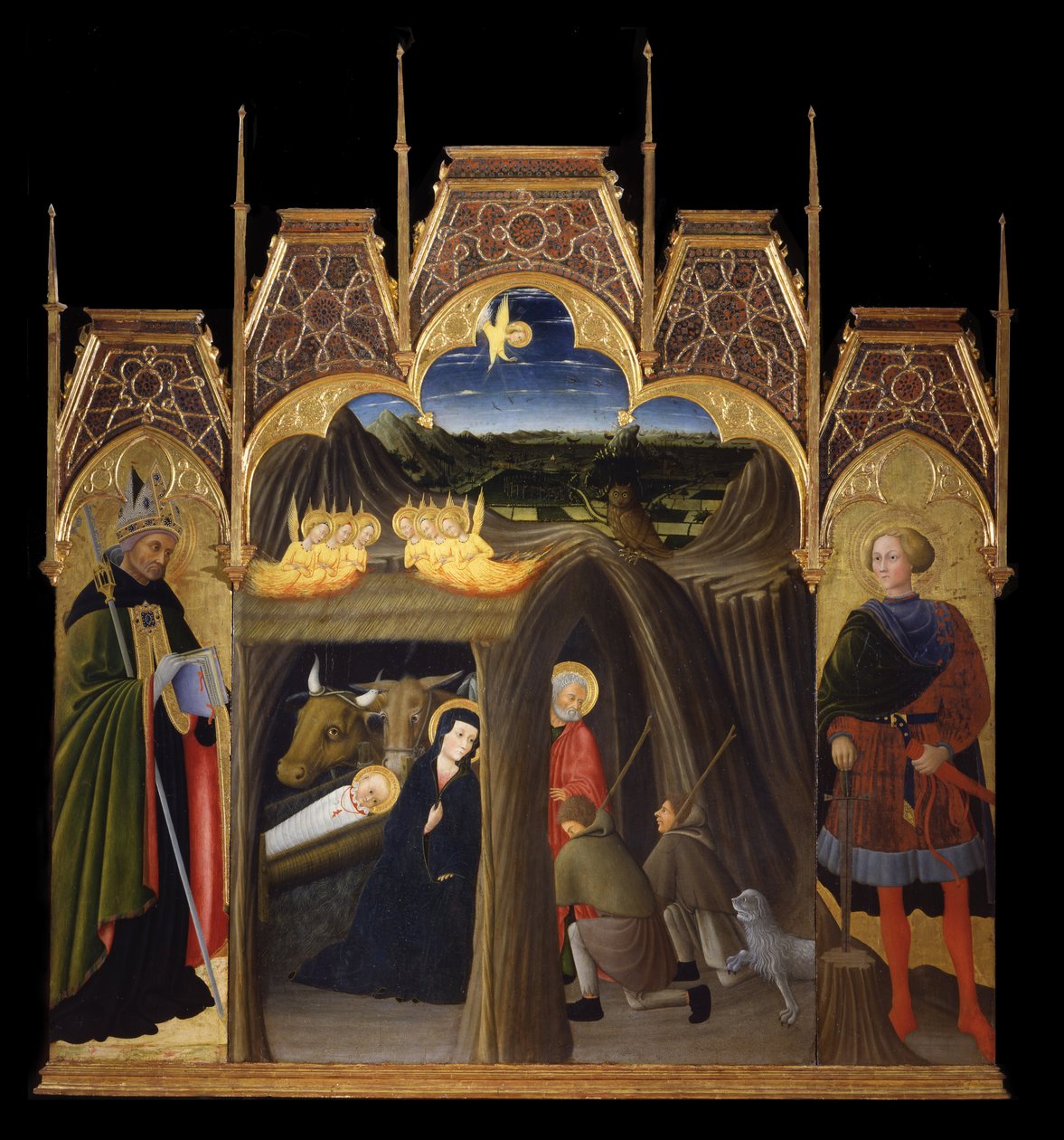 Anbetung der Hirten zwischen den Heiligen Augustin und Galgano von Pietro di Giovanni