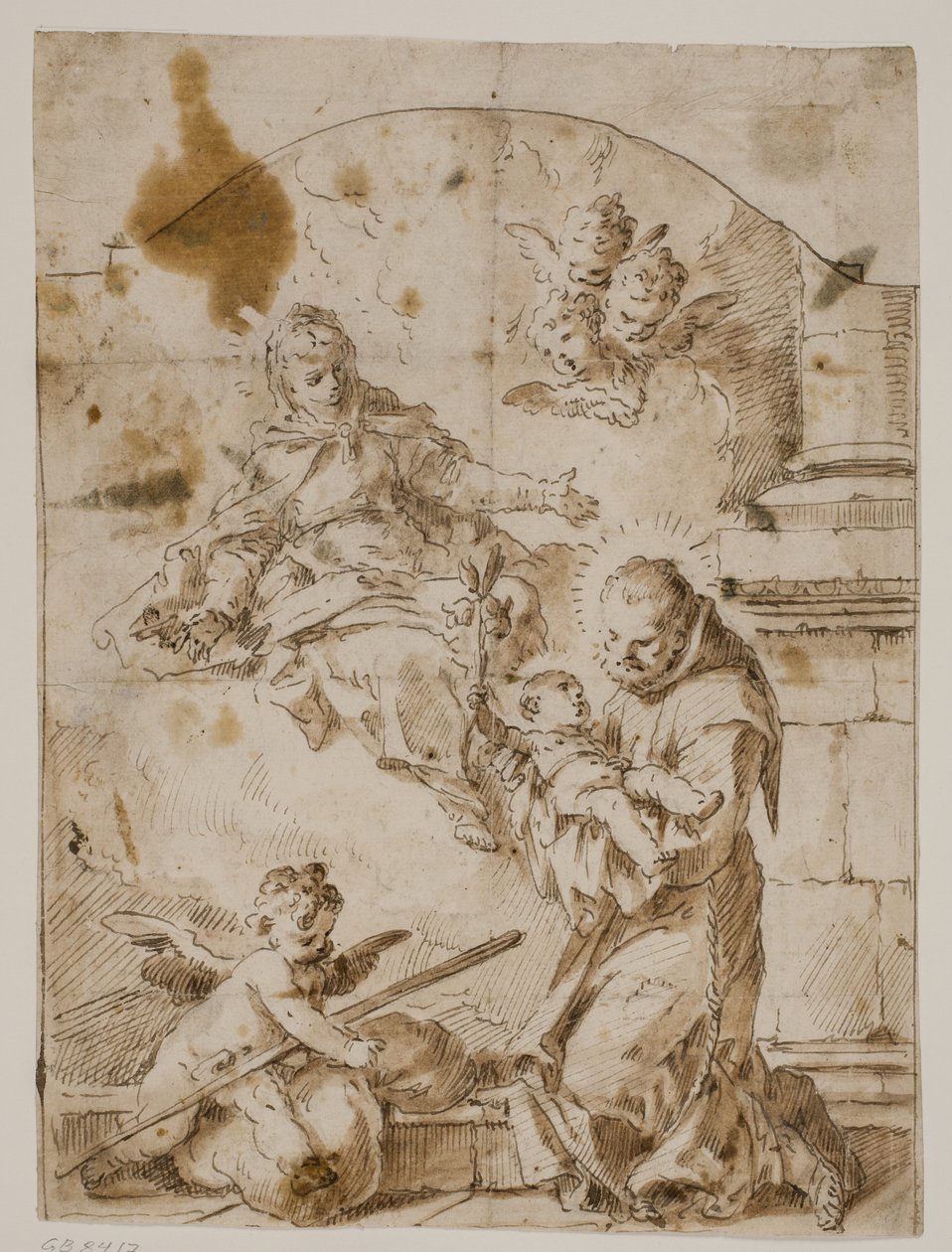 Der heilige Antonius von Padua kniet mit dem Christuskind in den Armen, während die Jungfrau und Engel am Himmel erscheinen von Pietro Antonio Novelli