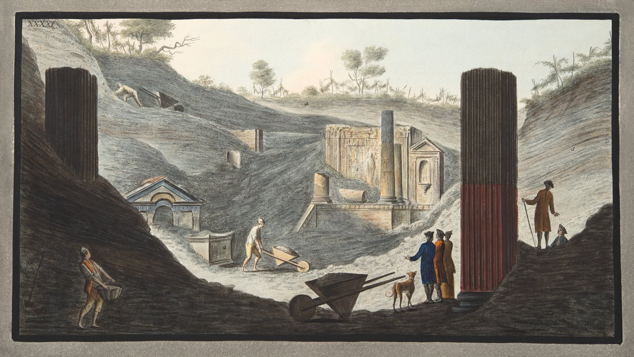 Frühe Ausgrabungen in Herculaneum, bei denen Sir William mit Unterstützung der Monarchen aktiv war, aus 