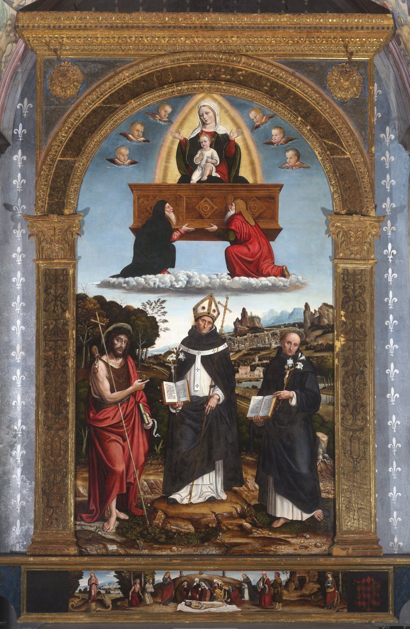 Madonna Odigitria mit Heiligen: Johannes der Täufer, Antonino von Florenz und Nikolaus von Tolentino von Pietro Francesco (1485-1528) Sacchi