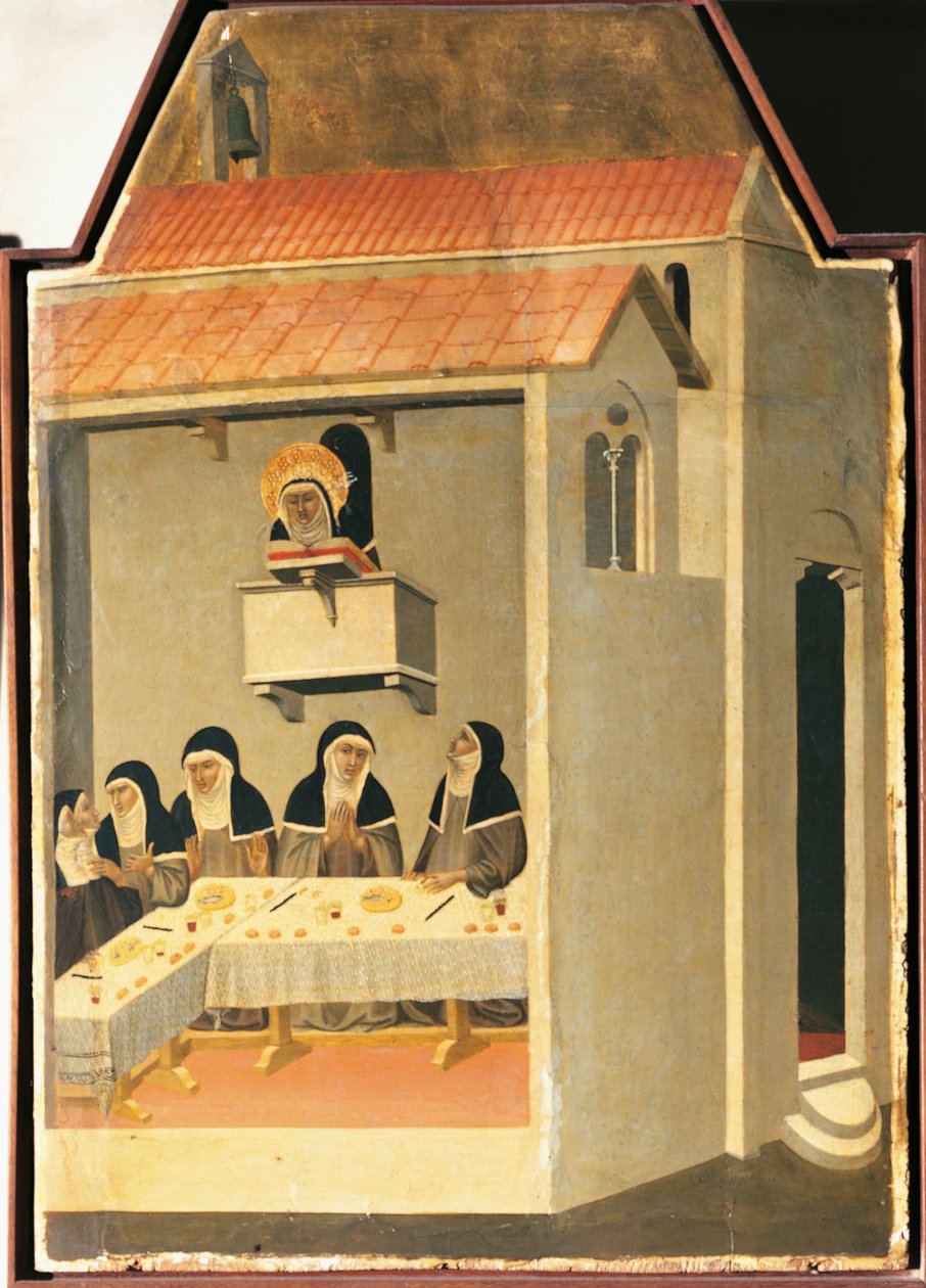 Die gesegnete Demut liest auf wundersame Weise im Refektorium von Santa Perpetua, Kachel aus dem Altarbild der gesegneten Demut von Pietro Lorenzetti