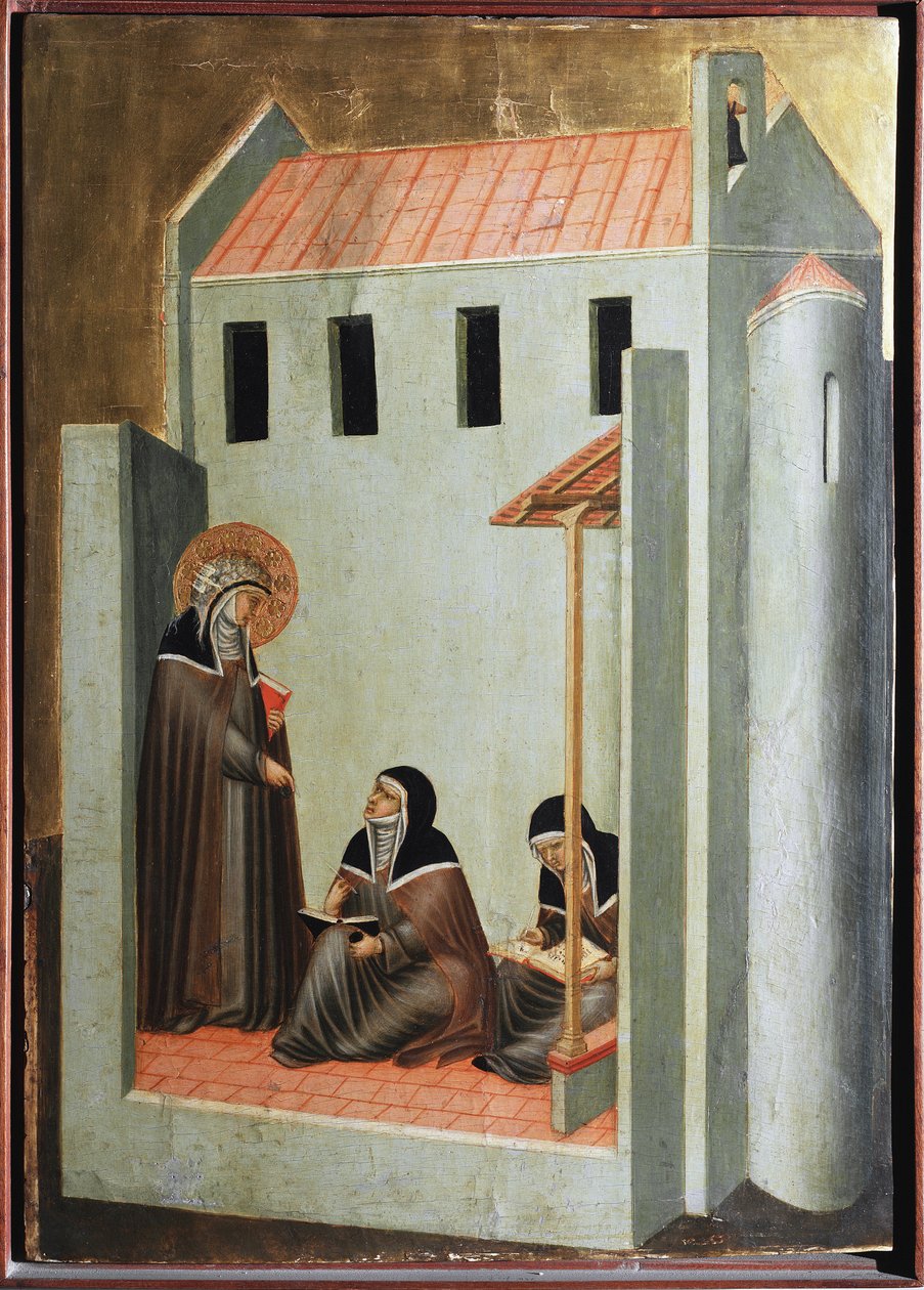 Die Heilige diktiert ihre Predigten (Polyptychon des Lebens der Heiligen Demut) - Tempera auf Holz, 14. Jahrhundert von Pietro Lorenzetti