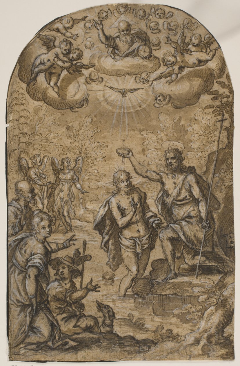 Die Taufe Christi mit Gott dem Vater und Engeln unter Wolken von Pietro Mera