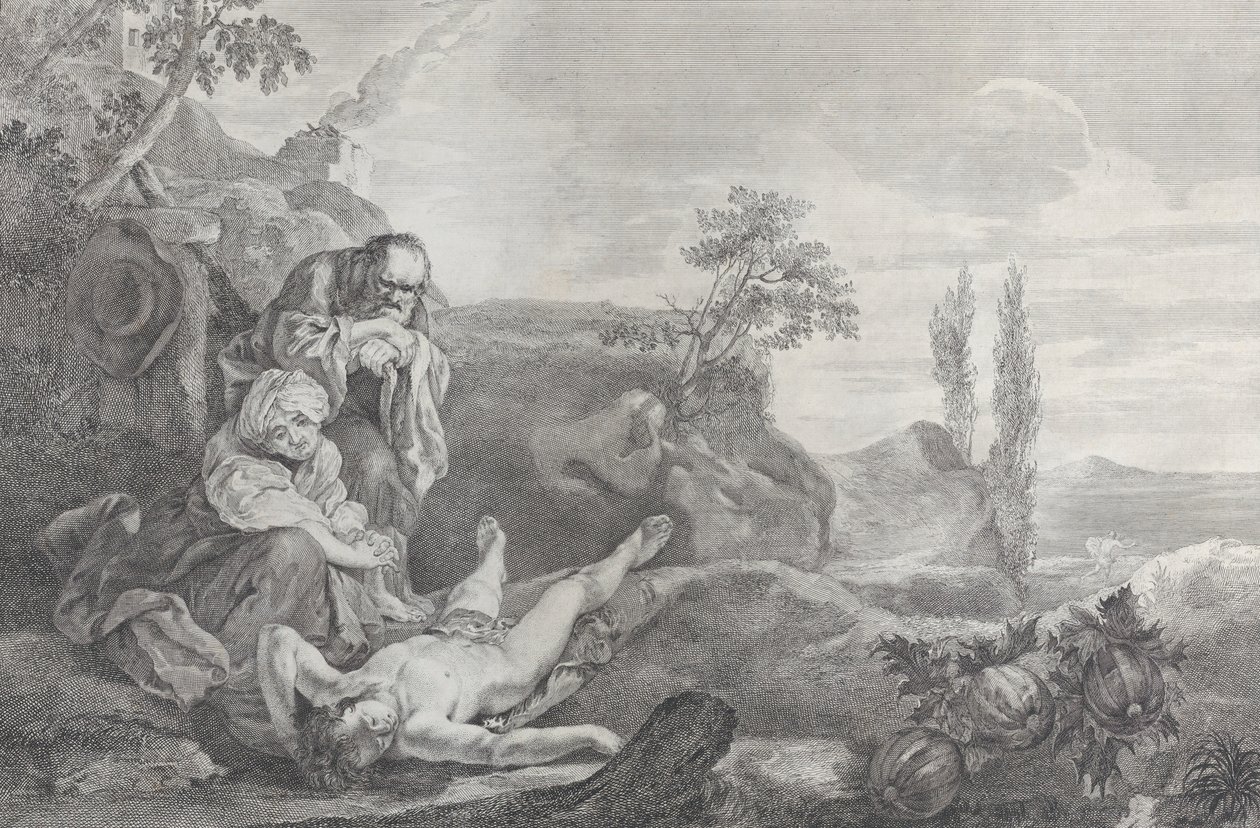 Adam und Eva als älteres Paar, trauernd über die Leiche von Abel von Pietro Monaco