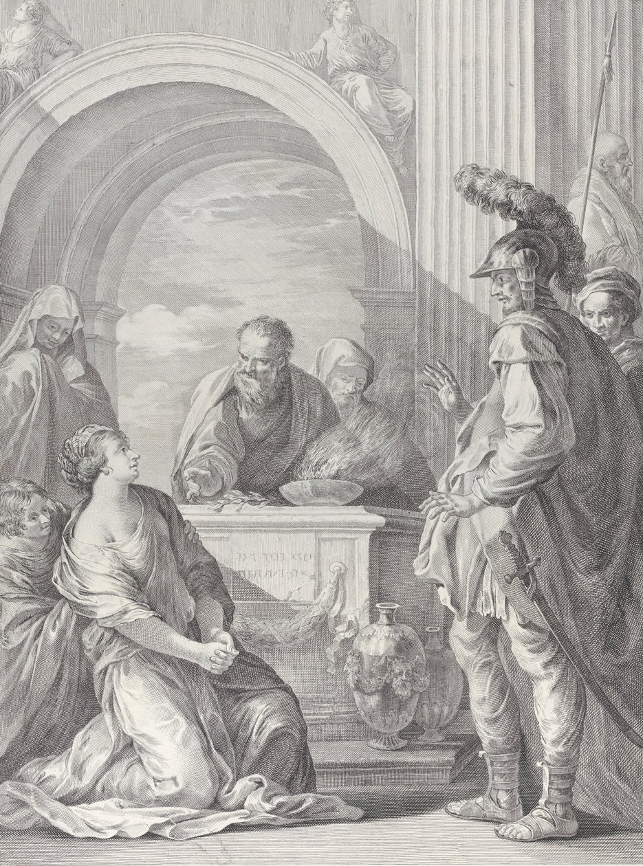 Jephtas Tochter kniet am Opferaltar, mit ihrem Vater stehend rechts, 1730-50 von Pietro Monaco
