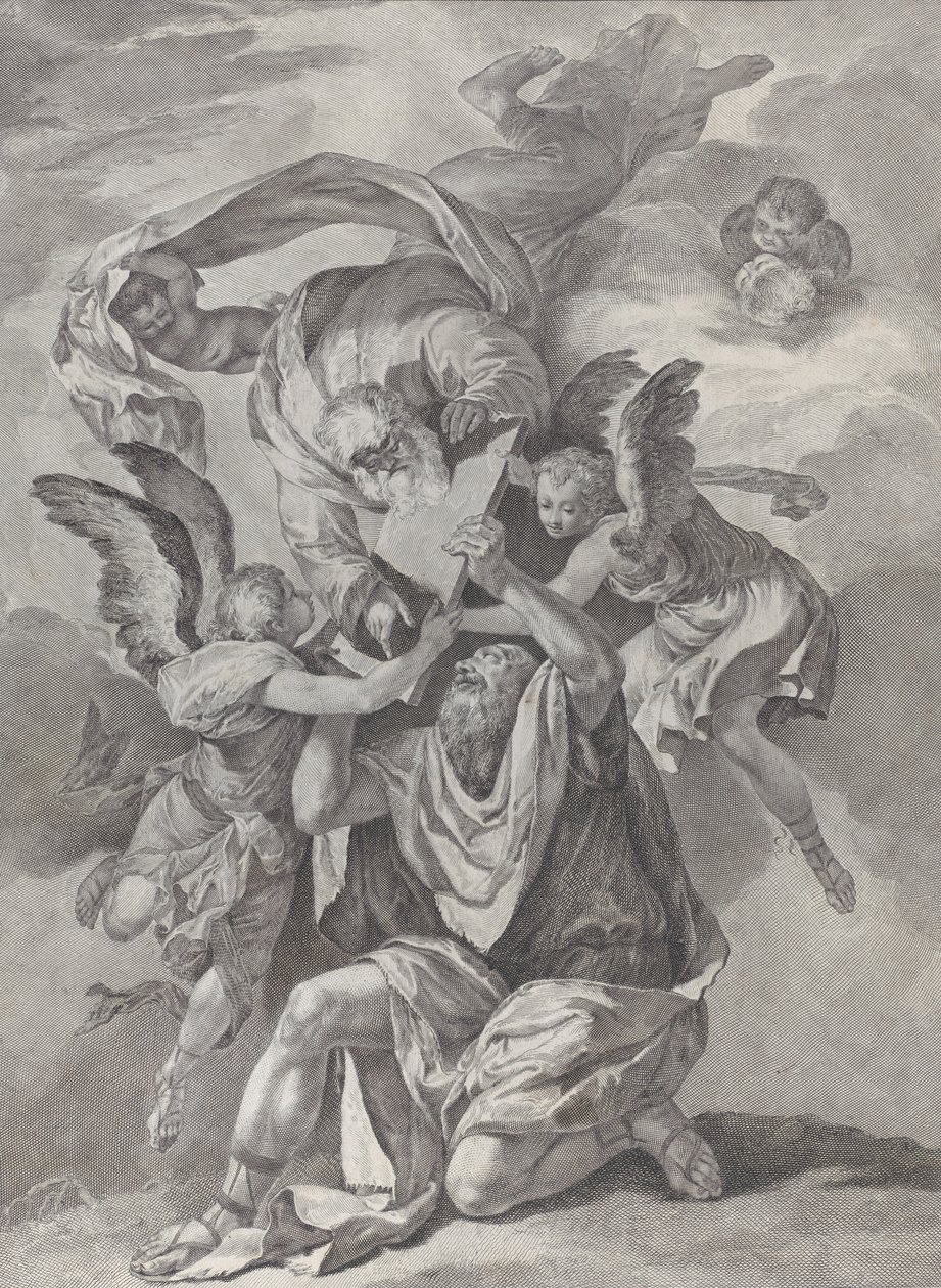 Moses empfängt die Gesetzestafeln von Gott, der vom Himmel herabsteigt, ca. 1730-39 von Pietro Monaco