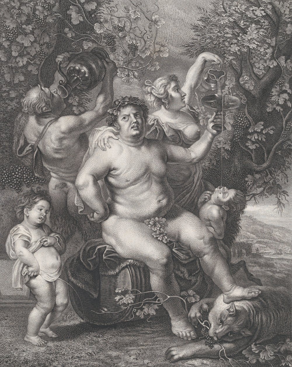 Bacchus sitzt auf einem Fass vor Weinreben, mit Bacchantinnen, Satyrn und Kindern von Pietro Peiroleri