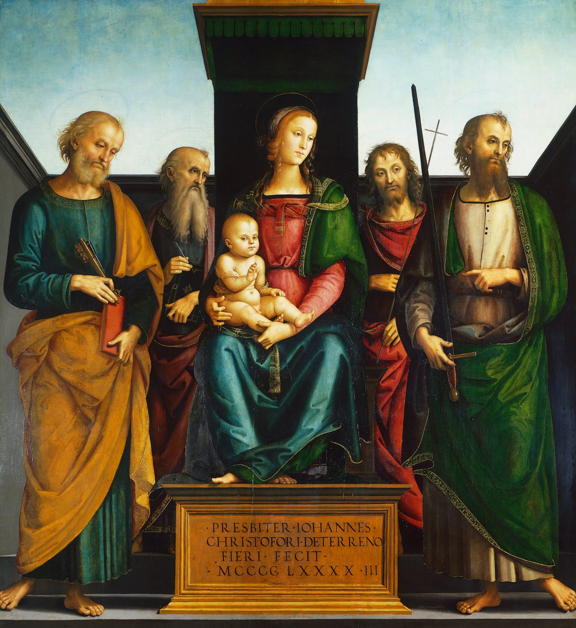 Madonna und Kind auf dem Thron mit den Heiligen Johannes dem Täufer, Petrus, Paulus und Johannes dem Evangelisten, von Pietro Perugino (ca. 1450-1523) von Pietro Perugino
