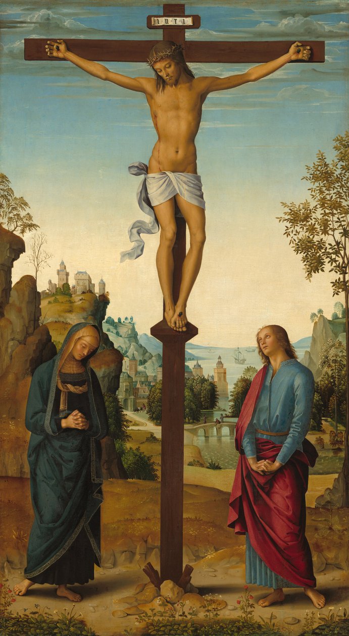 Die Kreuzigung mit der Jungfrau, dem Heiligen Johannes, dem Heiligen Hieronymus und der Heiligen Maria Magdalena [Mittelteil] von Pietro Perugino