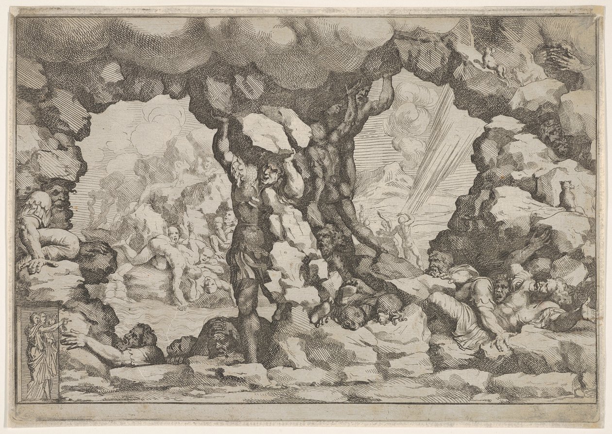 Ein Riese wirft einen Felsbrocken, andere Riesen kämpfen von Pietro Santi Bartoli