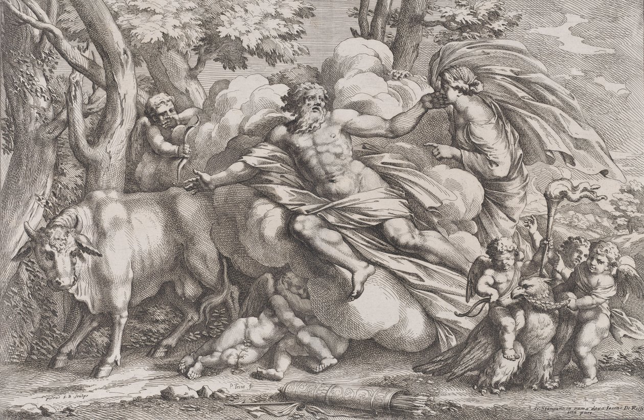 Io links als Kuh, Jupiter auf einer Wolke in der Mitte und Juno rechts, 1650-90 von Pietro Santi Bartoli