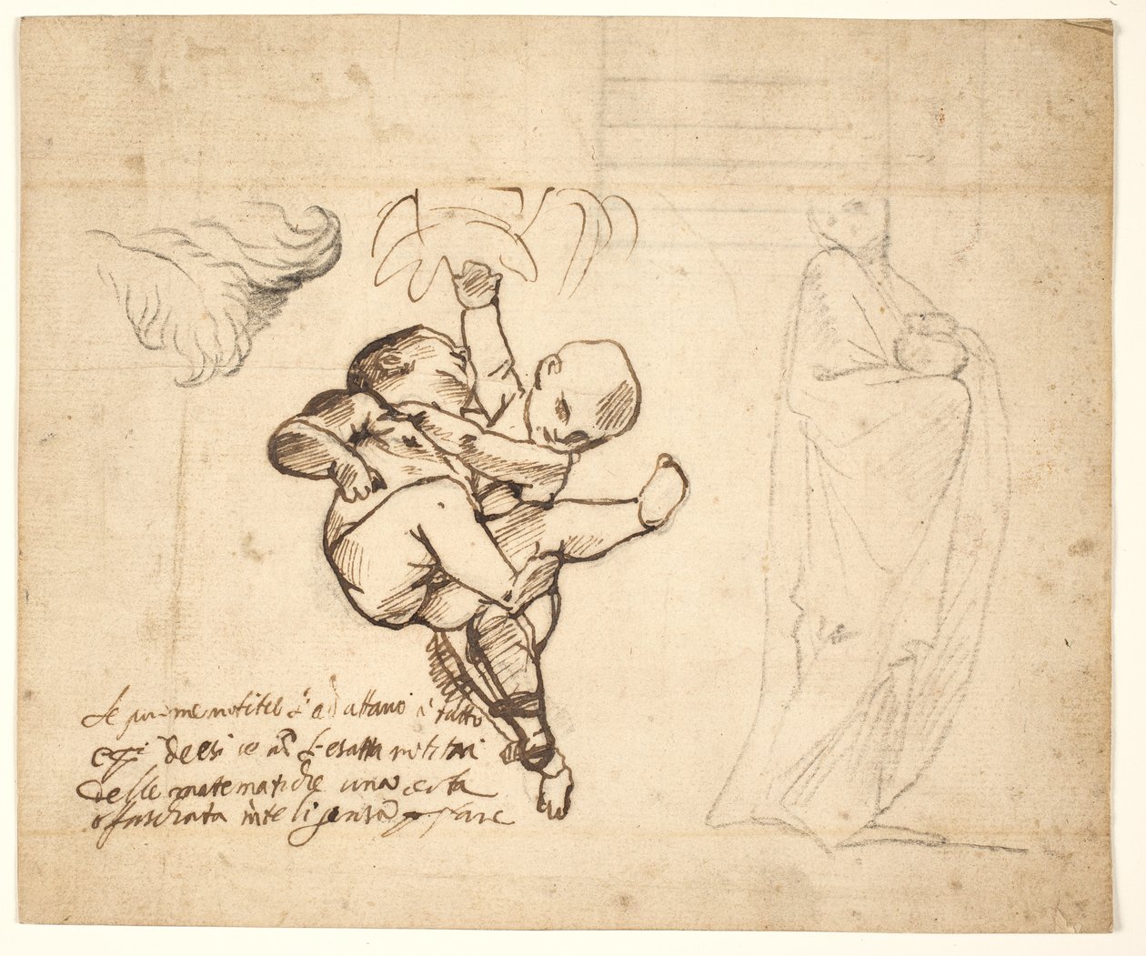 Studie für zwei spielende Putti, Blätter und eine drapierte Figur mit einer Urne von Pietro Testa