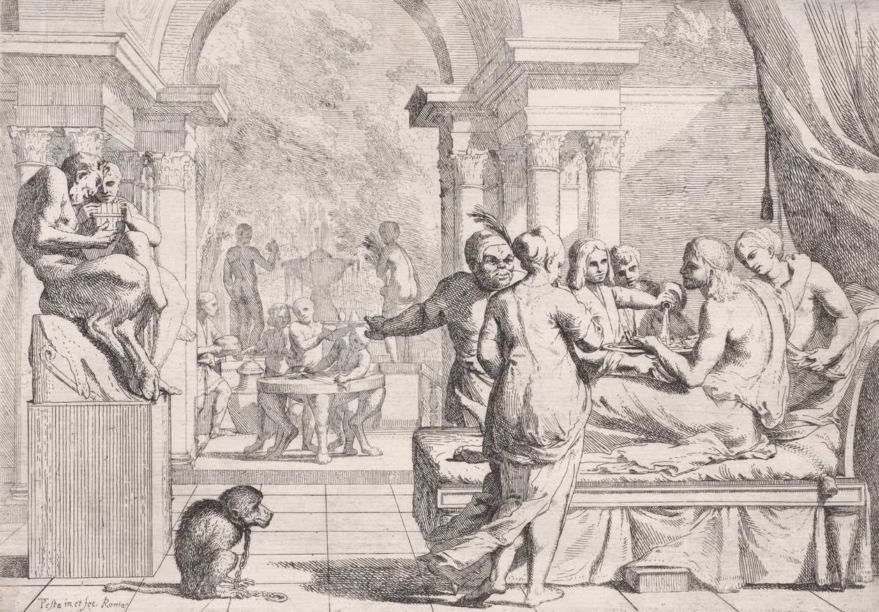 Der verlorene Sohn auf einer Couch, im Hintergrund Zecher, ca. 1645 von Pietro Testa