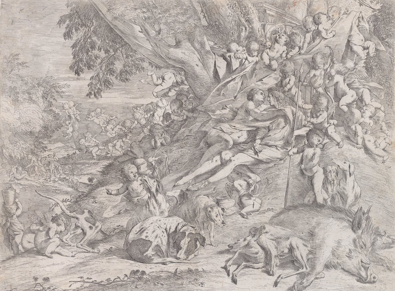 Venus und Adonis, umgeben von vielen Putti, nach der Jagd liegend, mit einem toten Eber von Pietro Testa