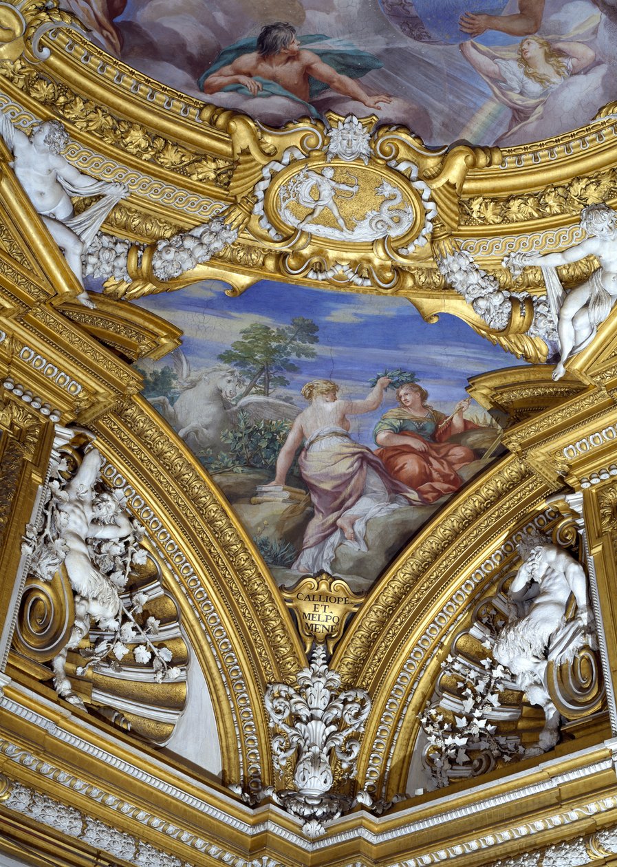 Die Sala di Apollo (Detail des Pendentifs mit den Musen Kalliope und Melpomene) von Pietro da Cortona