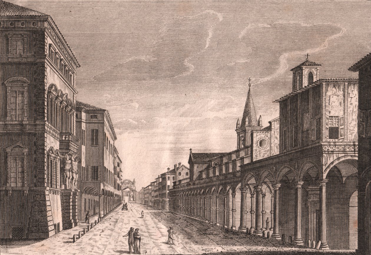 Ansicht der Strada Maggiore in Bologna, Emilia-Romagna, Italien, Kupferstich von C Lambertini nach einer Zeichnung von Pio Panfili, ca. 13,5x19 cm von Pio Panfili