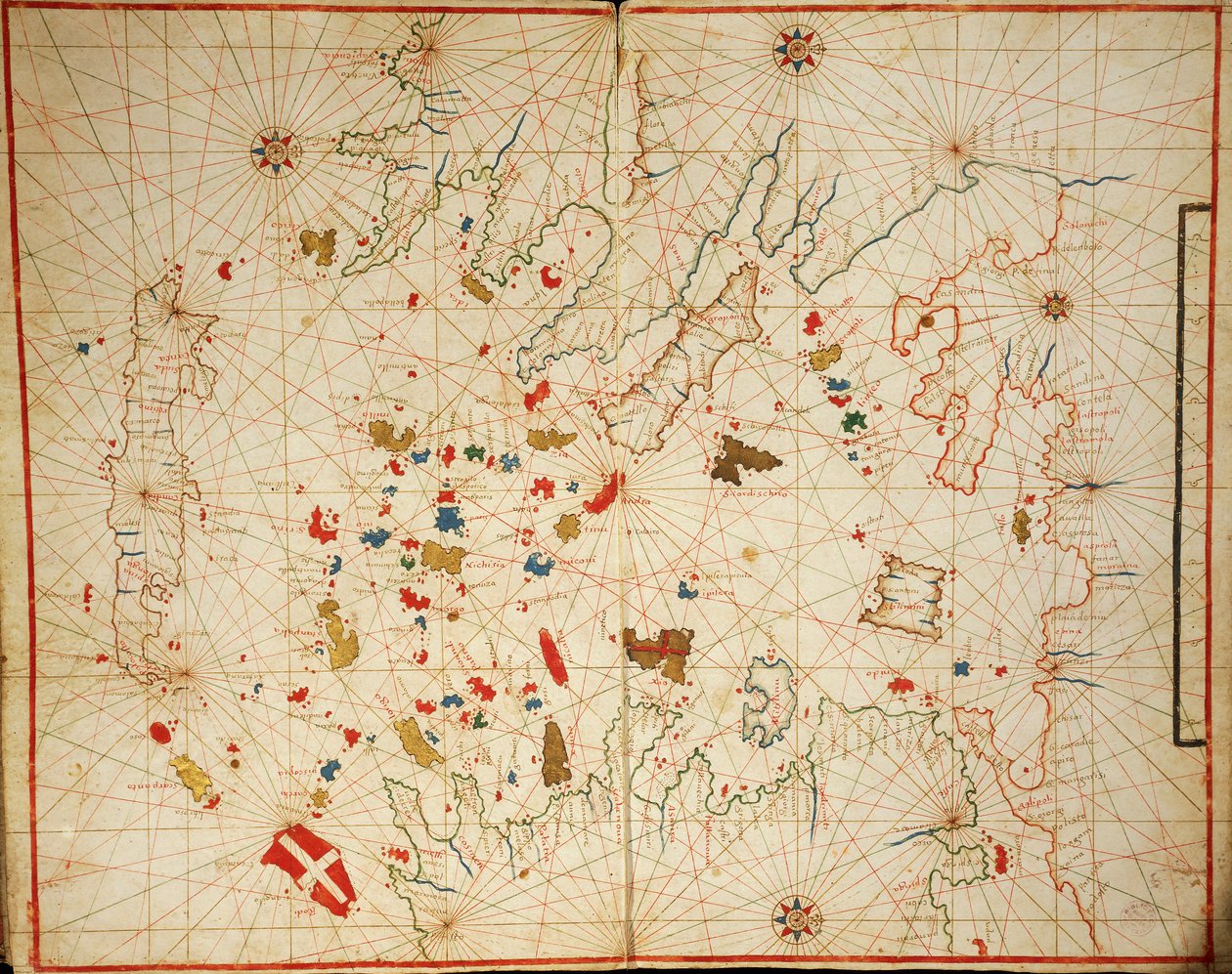 Ägäisches Meer, aus dem Portolan-Atlas bestehend aus sechs Karten, von Placido Caloiro und Francesco Oliva, Pergament. 1646. von Placido Caloiro e Oliva