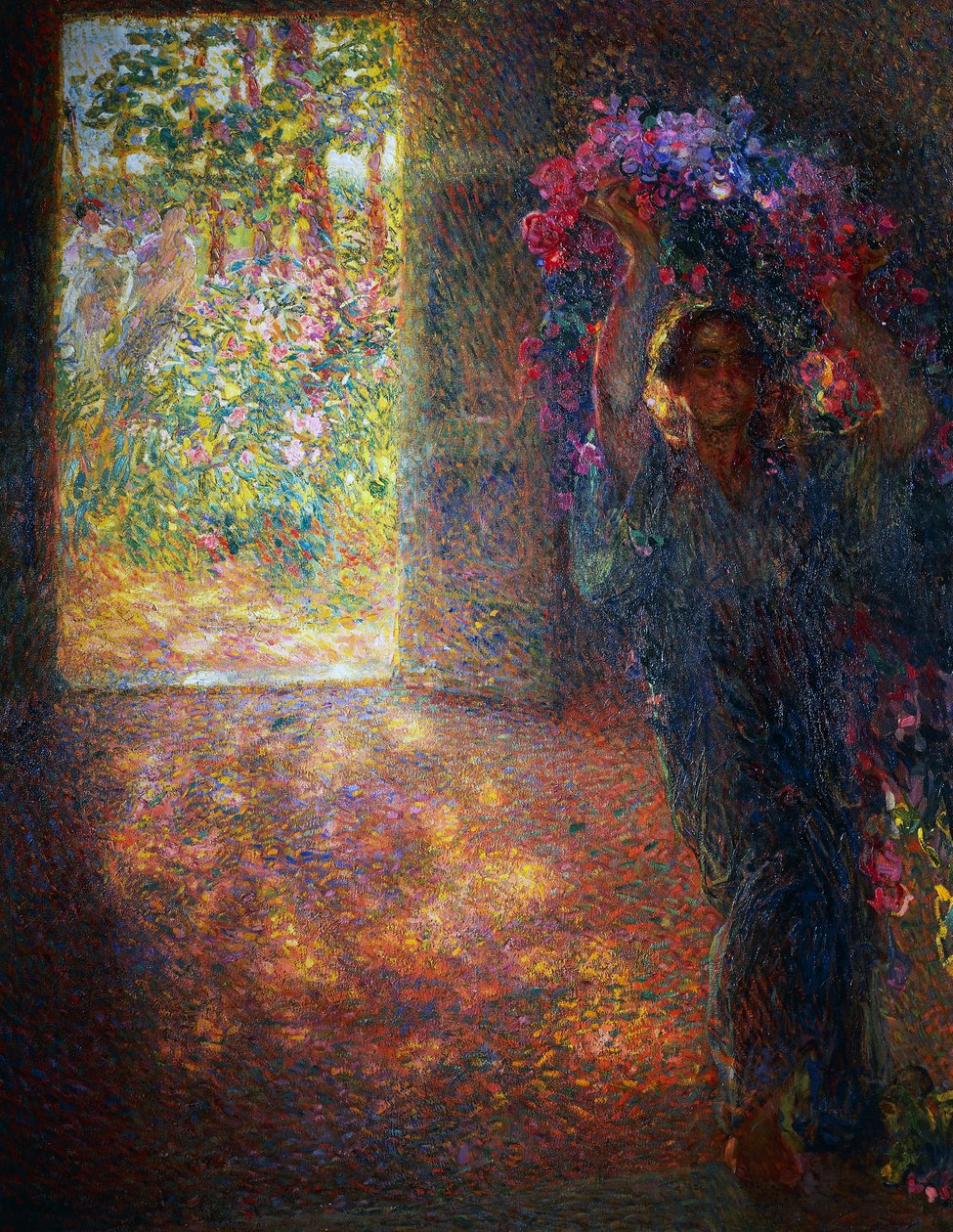 Blumenhaus, ca. 1910, von Plinio Nomellini (1866-1943), Öl auf Leinwand, 200x160 cm, Italien, 20. Jahrhundert von Plinio Nomellini