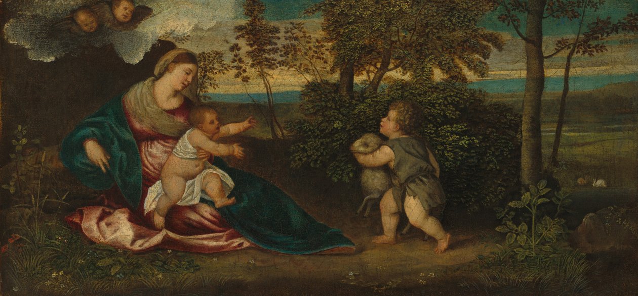 Madonna mit Kind und der kleine Heilige Johannes in einer Landschaft von Polidoro Lanzani