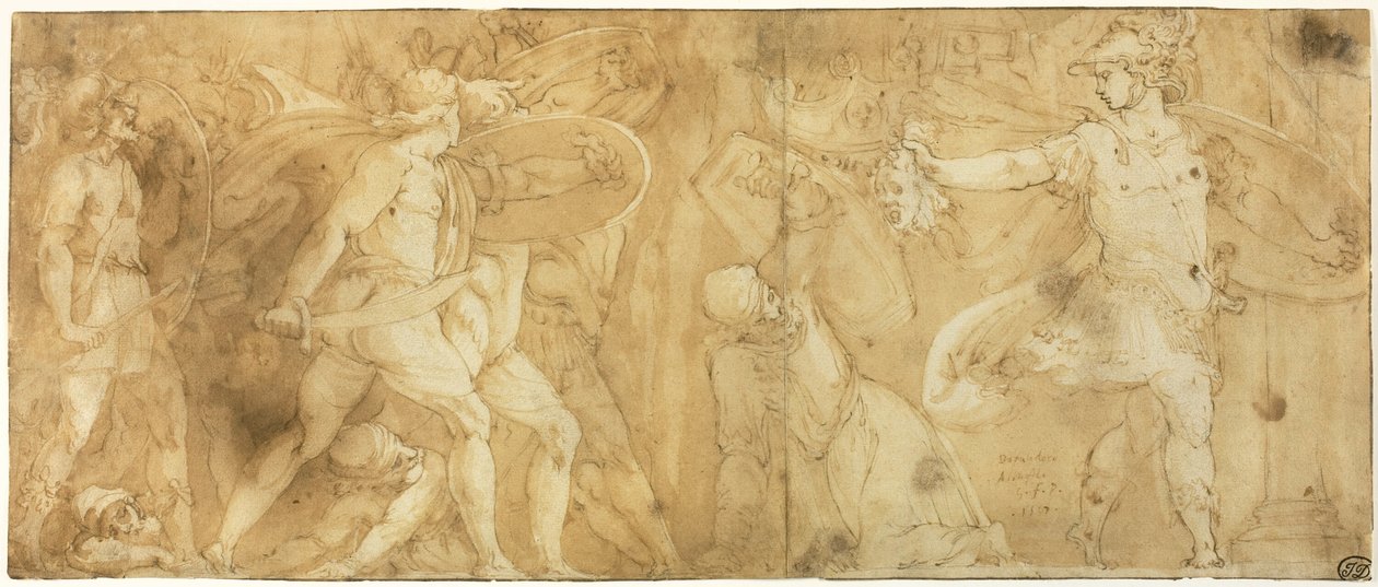 Perseus mit dem Kopf der Medusa, verwandelt Phineus und seine Anhänger in Stein von Polidoro da Caravaggio