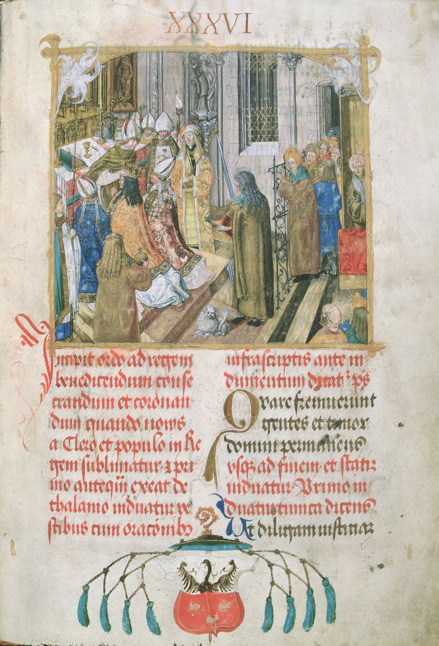 Krönung des Königs von Polen, Überreichung der Insignien der Macht aus dem Pontifikale von Bischof Erasmus Ciolek, ca. 1510 von Polish School