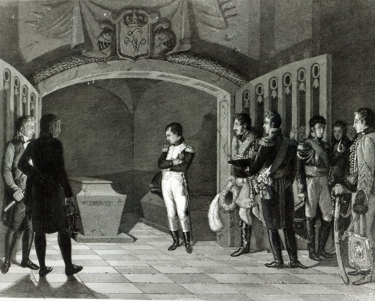 Napoleon meditiert vor dem Grab von Friedrich II. von Preußen in der Krypta der Garnisonkirche in Potsdam, ca. 1810 von Ponce Camus. Marie Nicholas