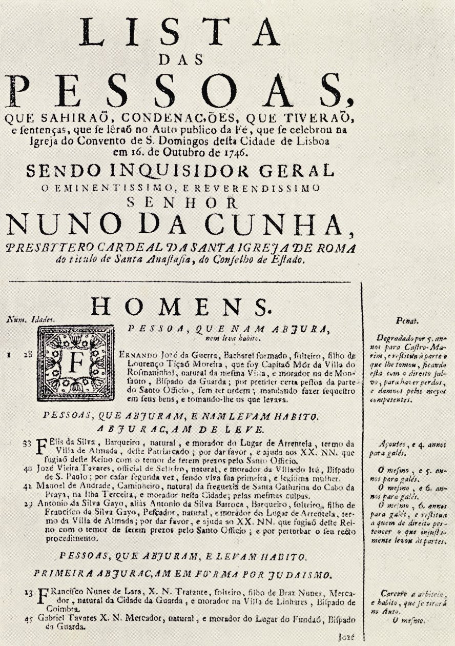 Programm für ein Auto da Fe in Lissabon, 1746, aus 