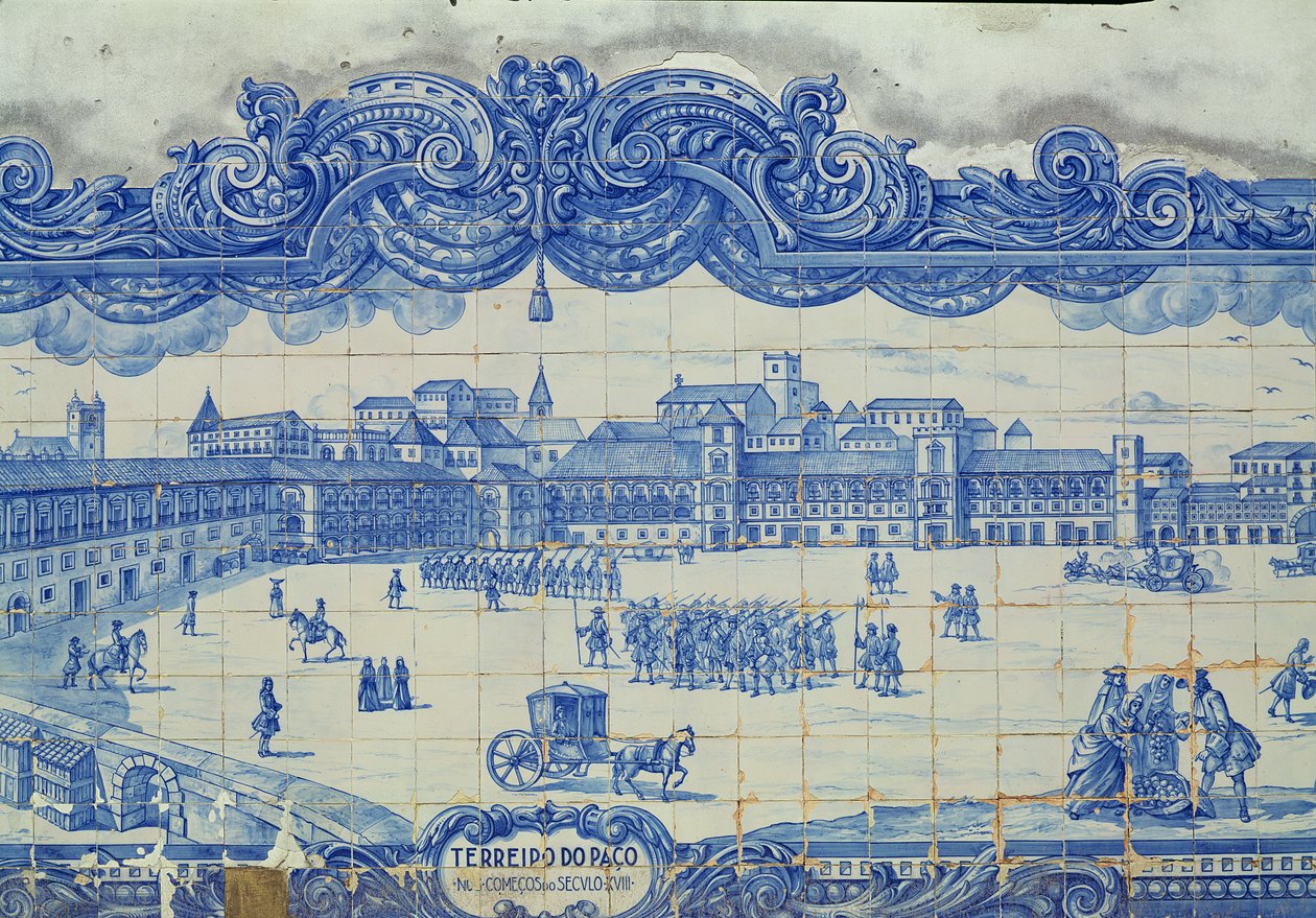 Azulejos-Fliesen, die den Praca do Comercio in Lissabon darstellen von Portuguese School