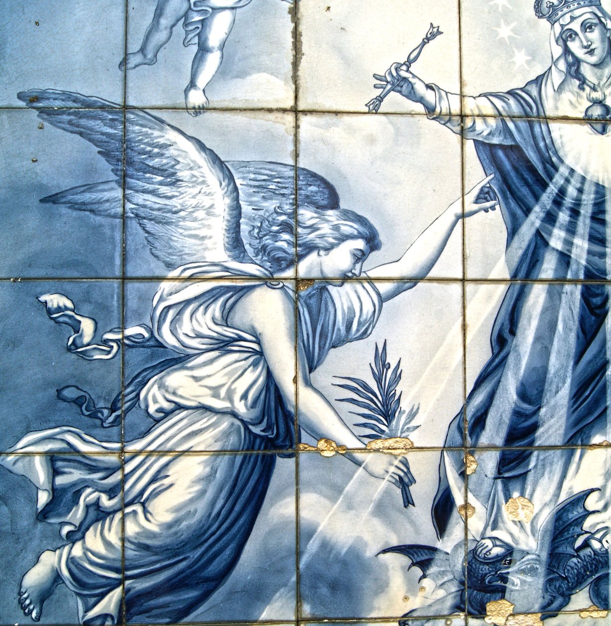 Dekoratives Panel mit Erzengel Gabriel und der Jungfrau Maria, die eine geflügelte Schlange zertritt, Lamego, Portugal, 1738 von Portuguese School