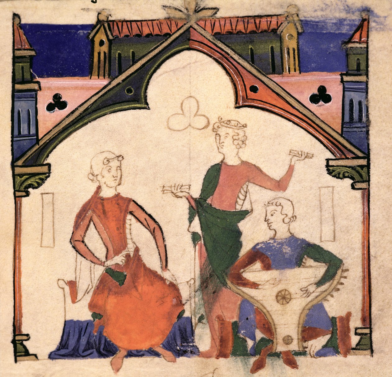 Fol.4r Musiker spielen Kastagnetten und ein Psalterium, aus dem Chansonnier des Nobles von Portuguese School